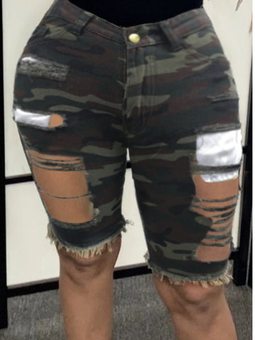 Ripped Camo Print Shorts